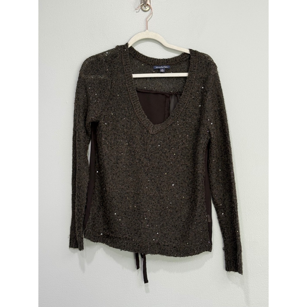 American Eagle Outfitters Womens Large Gray Sequin Knit Sheer Split Back Sweater